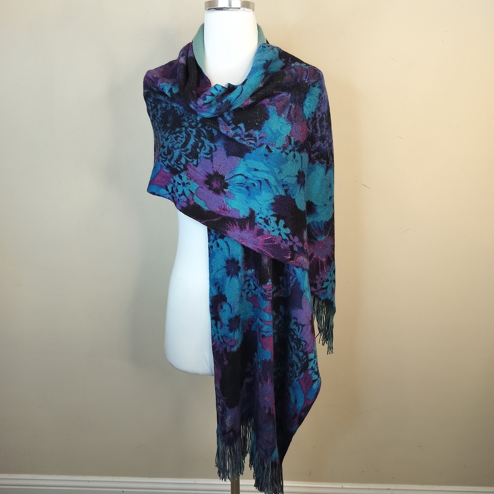 Layers By Lizden Floral Scarf Wrap 19x84 Womens Vibrant Fringe Boho Purple Teal